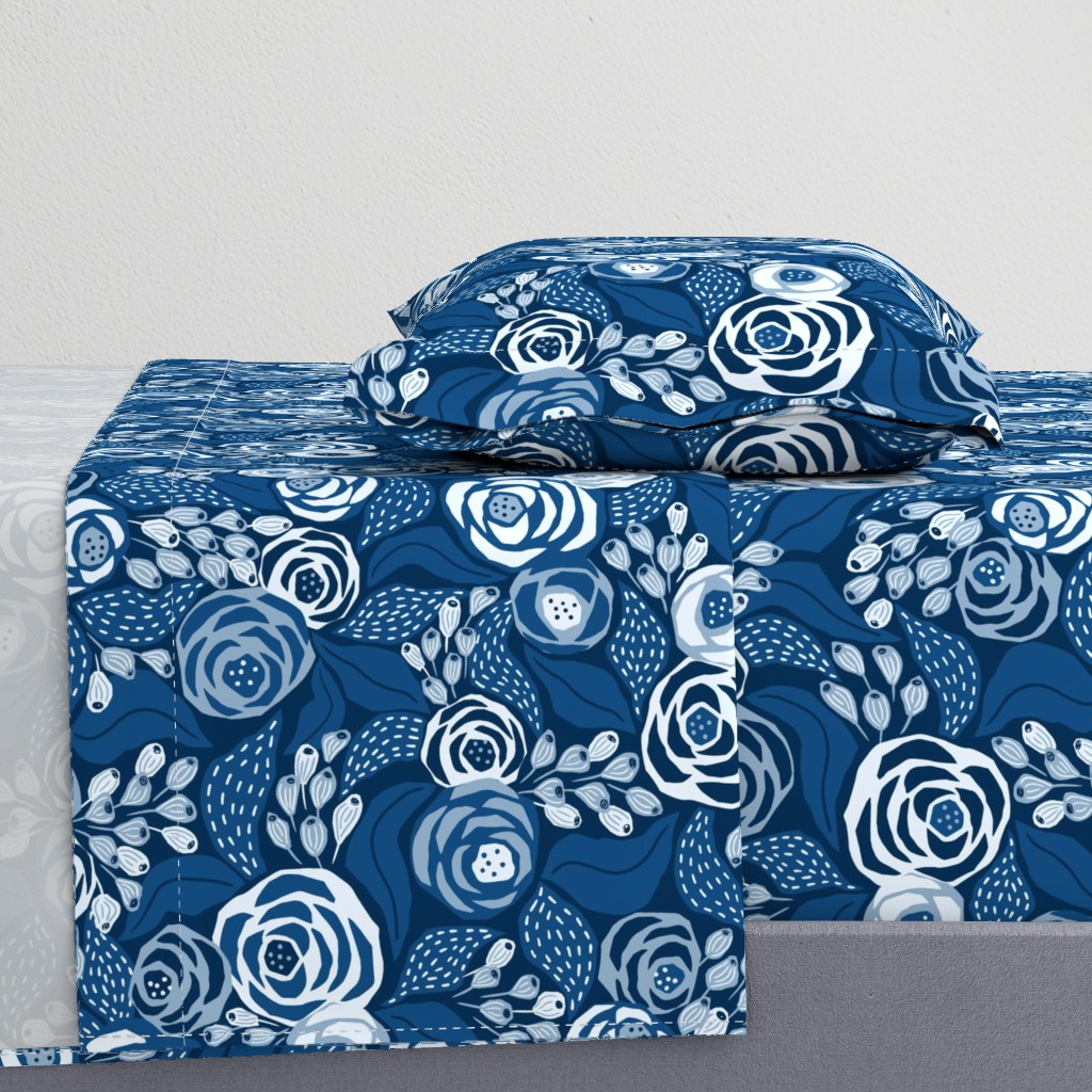 Classic blue papercut roses/large scale