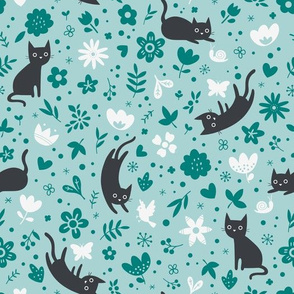 Cats frolicking in the garden - turquoise - large scale