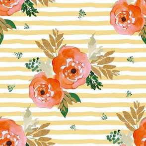 8" Bright Coral Florals and Gold with Yellow Stripes