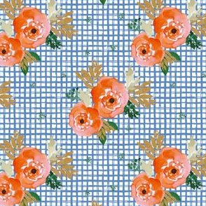 4" Bright Coral Florals and Gold Blue Squares