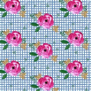 4" Bright Pink Flowers Blue Squares