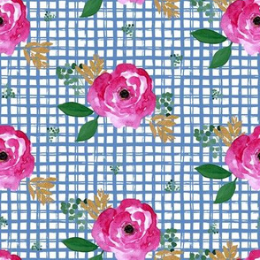 8" Bright Pink Flowers Blue Squares