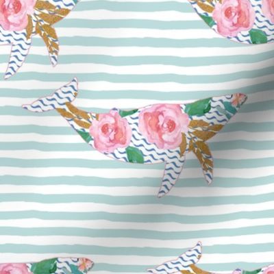 8" Floral Pink Sea Pink Trim Aqua Stripes