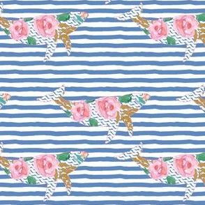 4" Floral Pink Sea Pink Trim with Blue Stripes