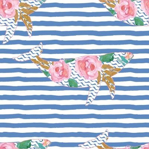 8" Floral Pink Sea Pink Trim with Blue Stripes