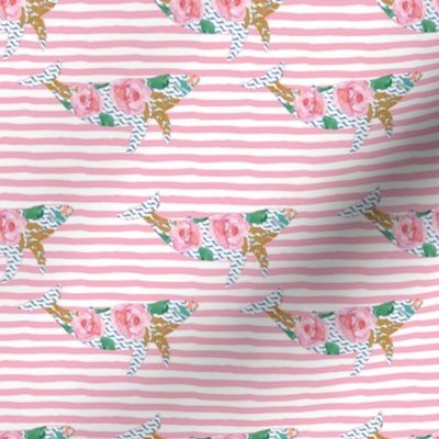 4" Floral Pink Sea Pink Trim with Pink Stripes