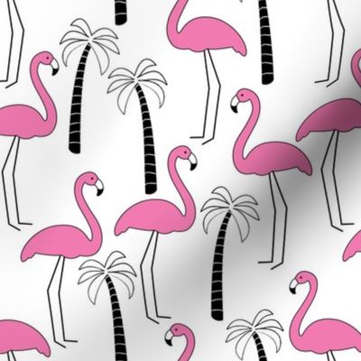 flamingos with black and white palm trees