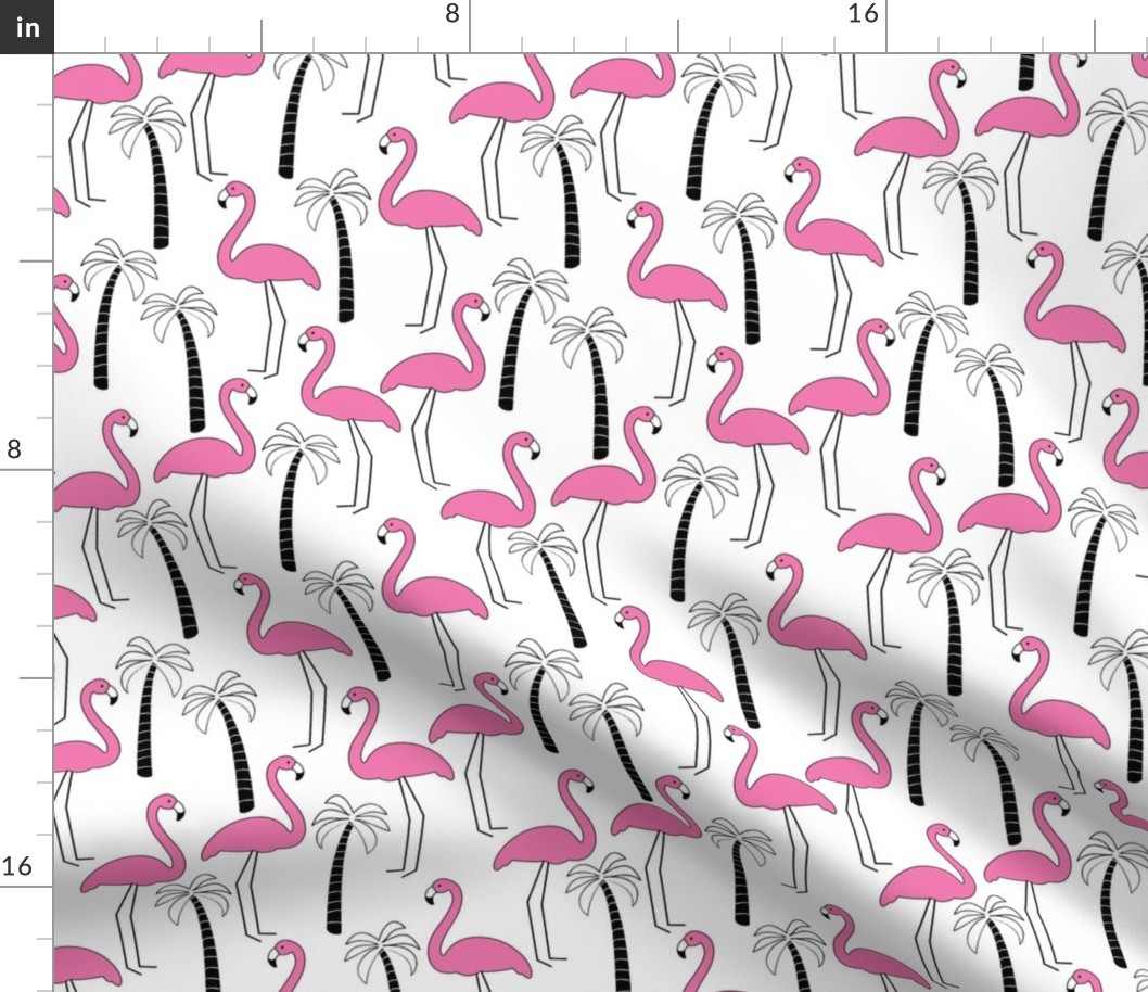 flamingos with black and white palm trees