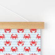 (1" scale) crabs - red on blue stripes - nautical summer fabric watercolor C20BS