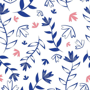 Floral Leaves and Twigs Pink and Indigo