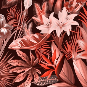 Tropical Lush Sanctuary, A Bohemian Paradise- Coral Red- Large Scale