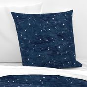 Shibori Stars on Dark Indigo (large scale) | Night sky fabric, block printed stars on linen pattern, arashi shibori linen.