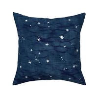 Shibori Stars on Dark Indigo (large scale) | Night sky fabric, block printed stars on linen pattern, arashi shibori linen.