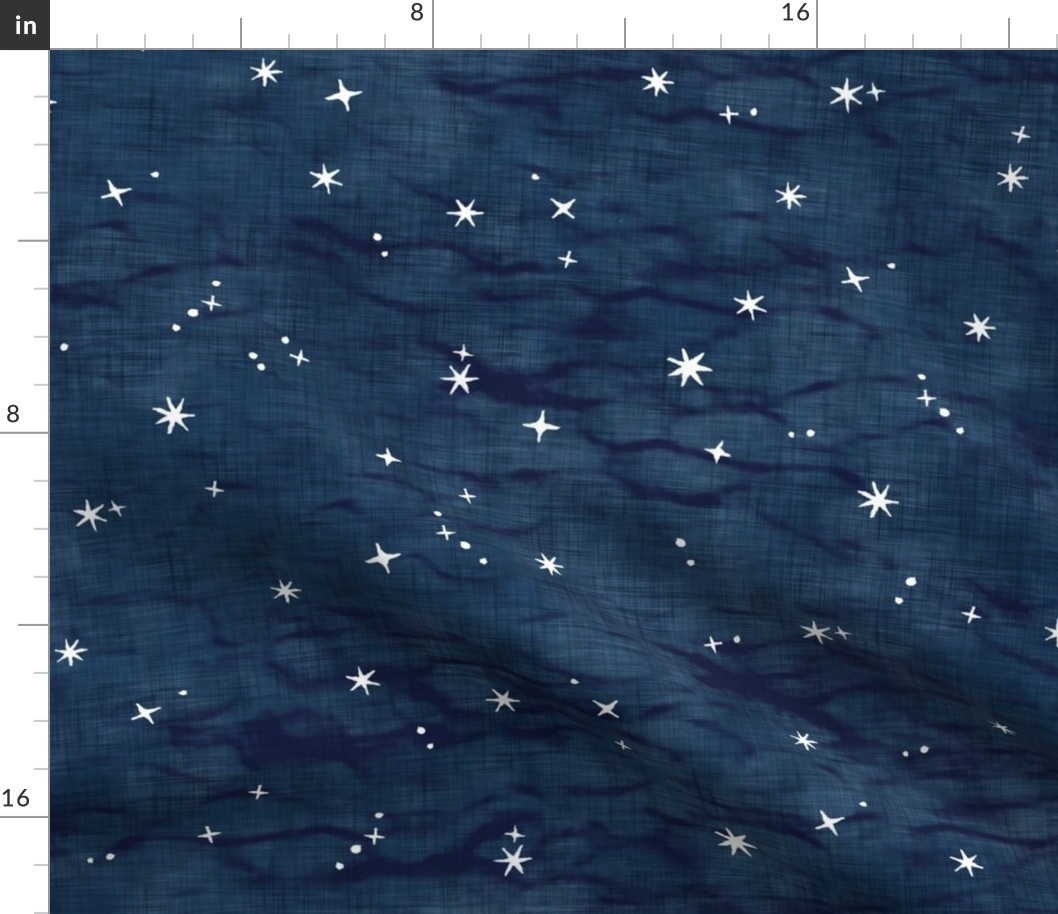 Shibori Stars on Dark Indigo (large scale) | Night sky fabric, block printed stars on linen pattern, arashi shibori linen.