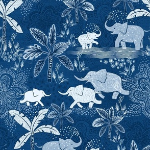 Happy Elephants in blue - medium size