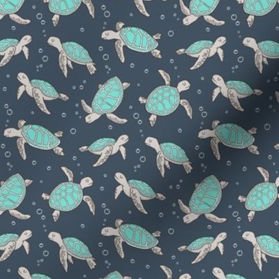 Sea Turtles Green Mint Nautical Ocean on Dark Blue Navy Smaller 1,5 inch