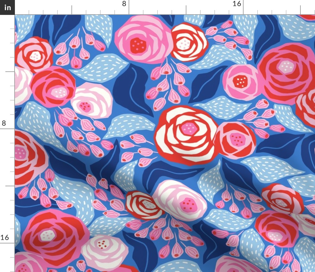 bright pink and blue roses/large scale