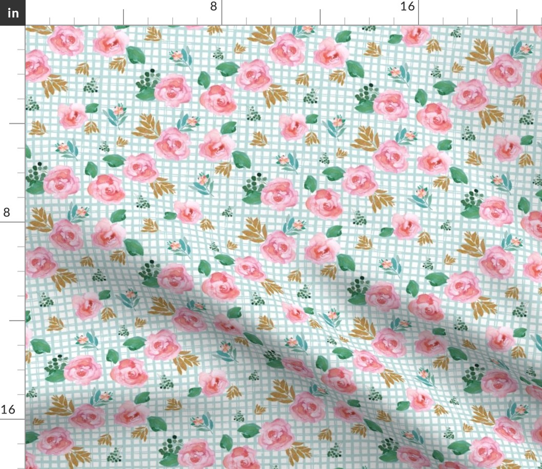 8" Pink Flowers Aqua Squares