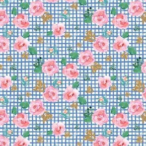 4" Pink Flowers Blue Squares