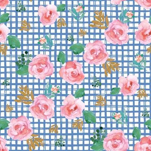 8" Pink Flowers Blue Squares