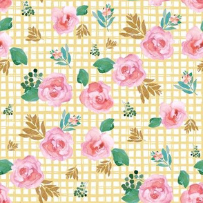 8" Pink Flowers Yellow Squares