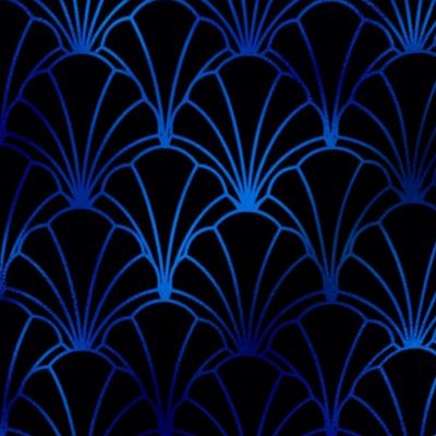 Scallop Shells in Black and Classic Blue Art Deco Vintage Faux Foil Pattern