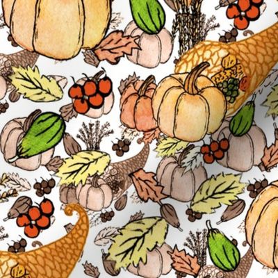 Painted Pumpkin Harvest- Cornucopia Watercolor- Mustard, Orange, Salmon, Apricot- Regular Scale