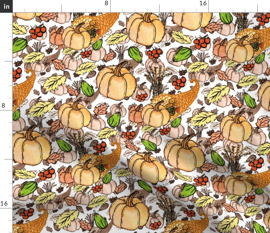 Painted Pumpkin Harvest- Cornucopia Watercolor- Mustard, Orange, Salmon, Apricot- Regular Scale