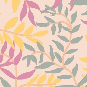 Ferny Vines in Pink Yellow and Gray Green on Pink