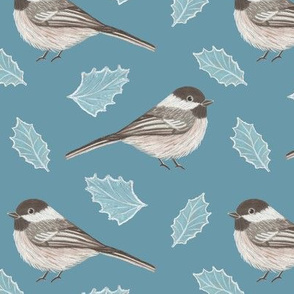 Chickadees and leaves on blue (Large scale)