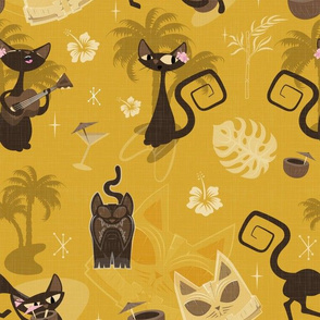 1950s mid century tiki lounge Kitchy cats - mustard