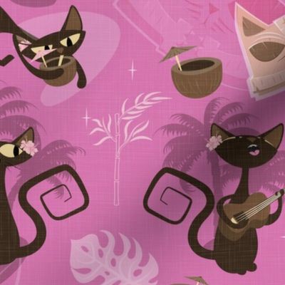 1950s mid century tiki lounge Kitchy cats - shocking pink