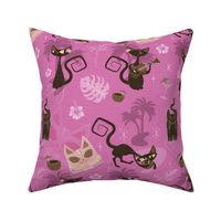 1950s mid century tiki lounge Kitchy cats - shocking pink