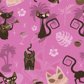 1950s mid century tiki lounge Kitchy cats - shocking pink