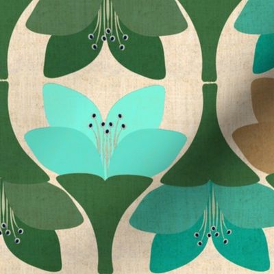 Bohemian Crocus Flowers in Tan Teal Turquoise and Green
