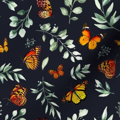 Monarch Butterflies and Botanical Leaves // Dark Navy