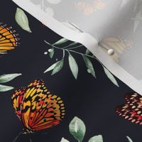 Monarch Butterflies and Botanical Leaves // Dark Navy