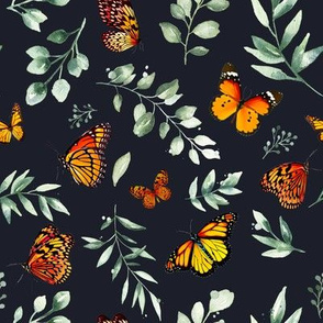 Monarch Butterflies and Botanical Leaves // Dark Navy
