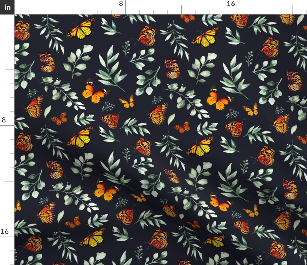 Monarch Butterflies and Botanical Leaves // Dark Navy