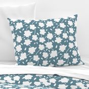 Floral Spring Delight! White on Steel blue grey, large 