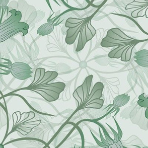 Lg Swirls Ginkgos Flowers Lt Teal Monochromatic