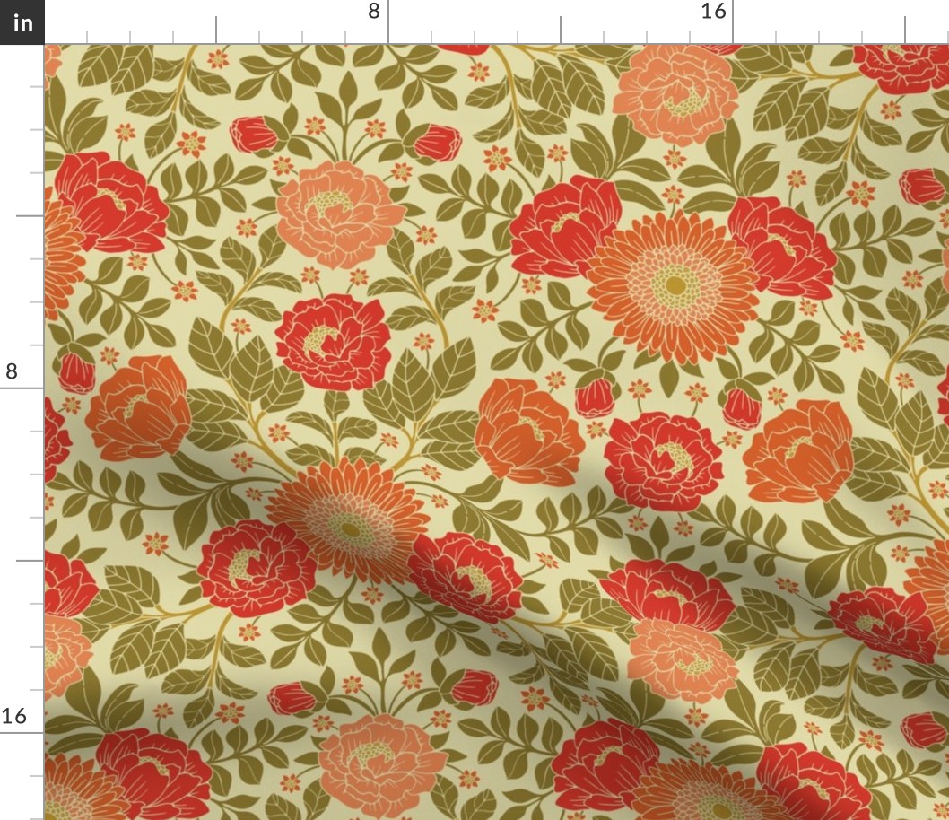 Green, Red, Orange & Cream Floral