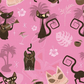 1950s mid century tiki lounge Kitchy cats - brightpink