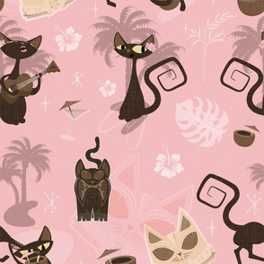 1950s mid century tiki lounge Kitchy cats - light pink