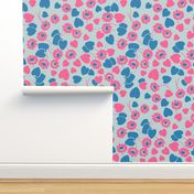 Retro Heart Flower Garden in Neon Blue + Pink