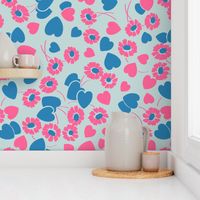 Retro Heart Flower Garden in Neon Blue + Pink