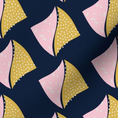 Abstract fins pink and yellow on navy blue