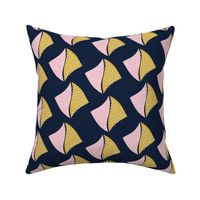 Abstract fins pink and yellow on navy blue