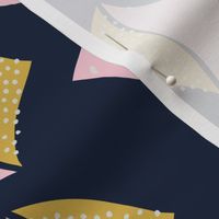 Abstract fins pink and yellow on navy blue