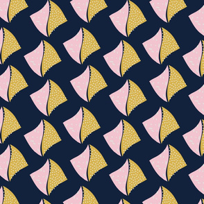 Abstract fins pink and yellow on navy blue